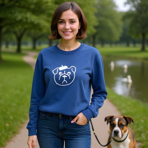 French Connection French Bulldog Beret Embroidered Crew Neck Sweatshirt NWT - Picture 1 of 7